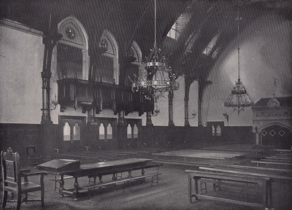 Merchant Taylors' school - Interior of the great hall. London 1896 old print